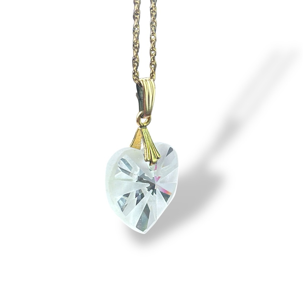Gold Filled Frosted Crystal Heart Necklace – Faceted Starburst Prism Pendant 18” - Picture 2 of 4
